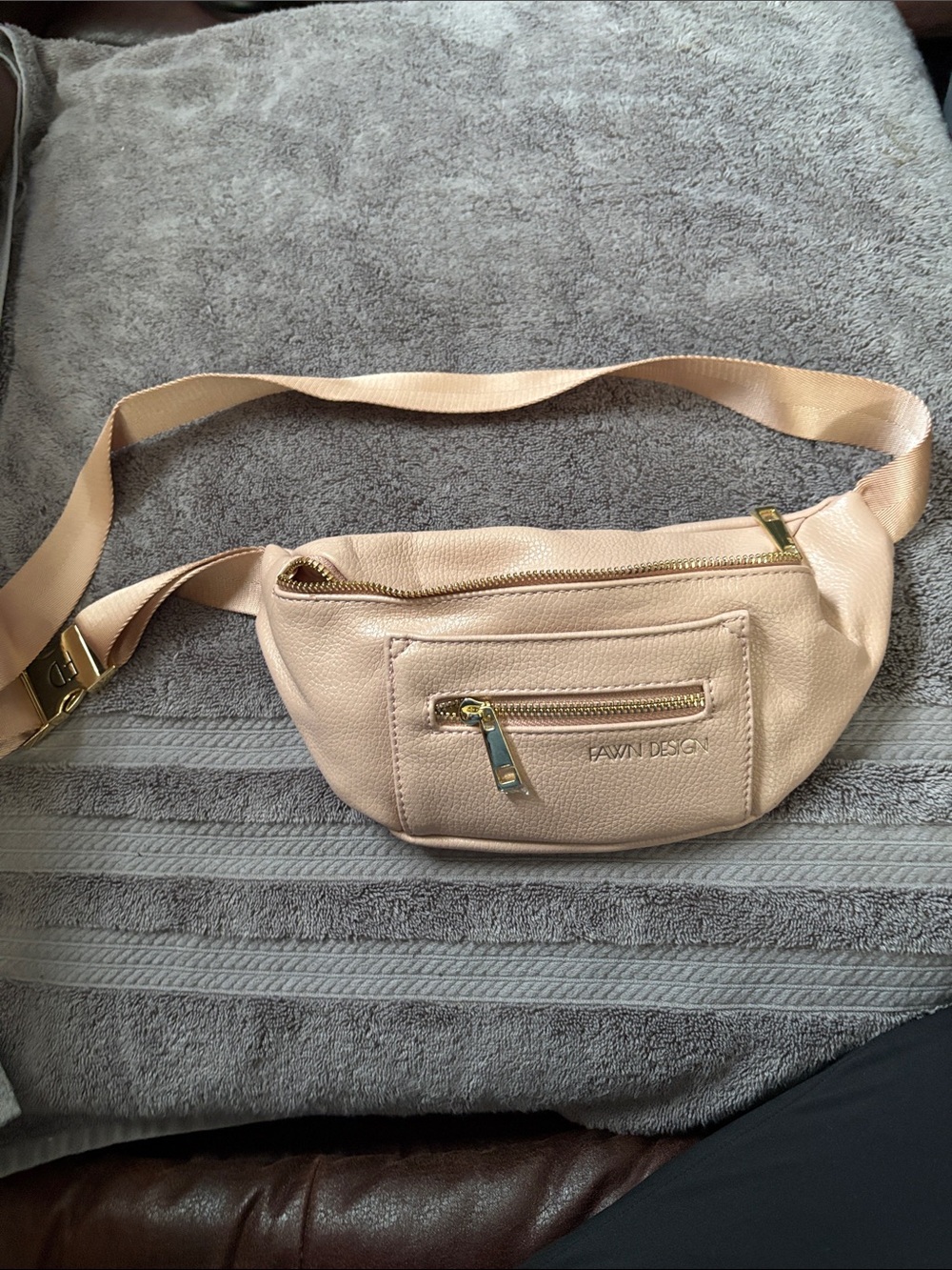 Fawn Design Nude Pink Leather Crossbody Belt Bag with Gold Hardware